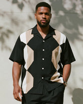 Big & Tall Men's Business Black Stitching Khachi Geometric Printed Short Sleeve Shirt Trousers Suit